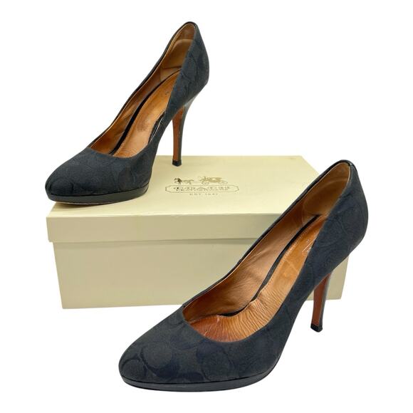 COACH Caya Logo Platform Heels Size 8.5B Y2K Quietluxury Black Pumps Signature C - Picture 1 of 16